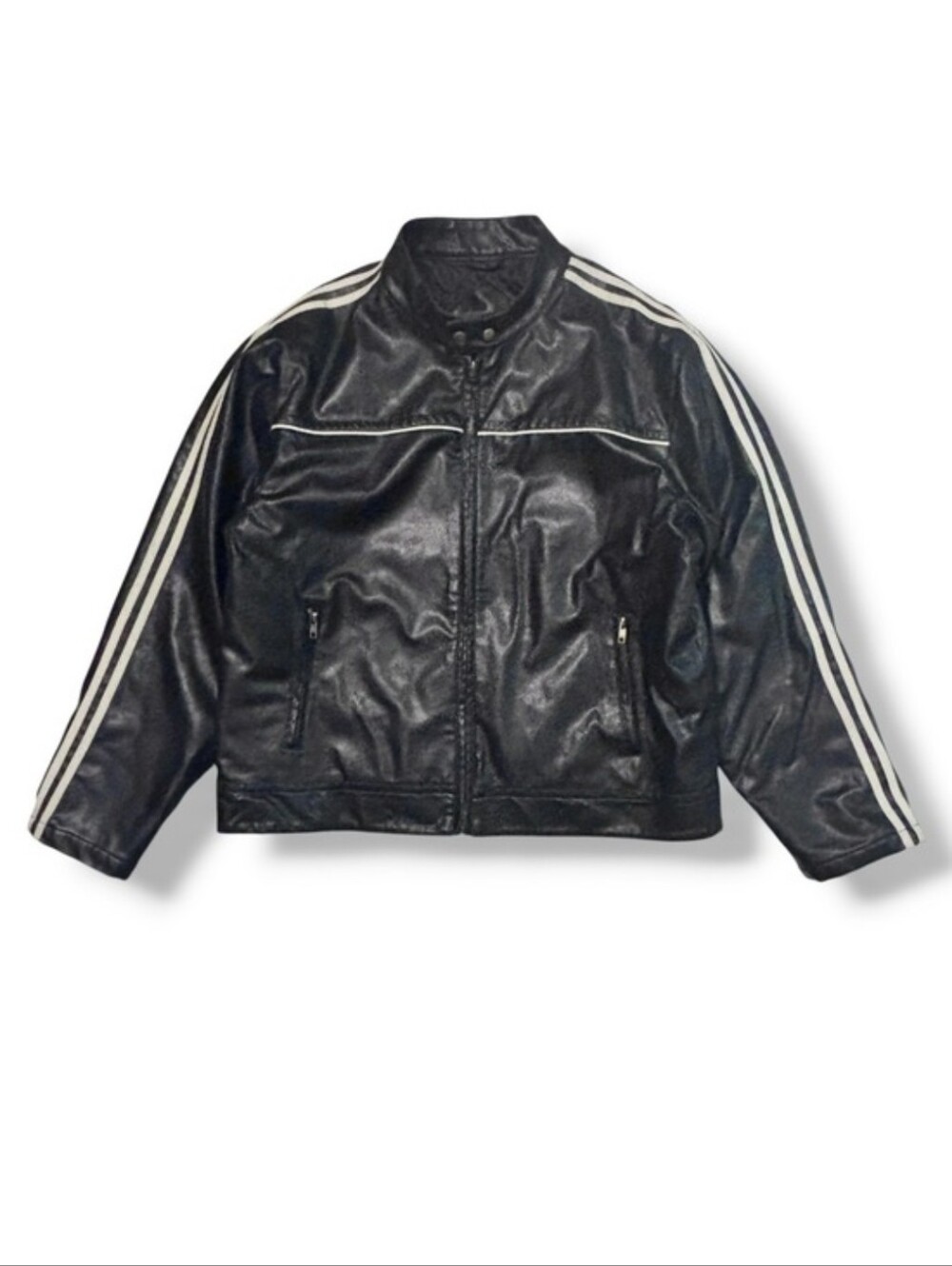 ARIZONA JEANS CO. Black Faux Leather Moto Jacket Contrast Stripes VINTAGE 90s
